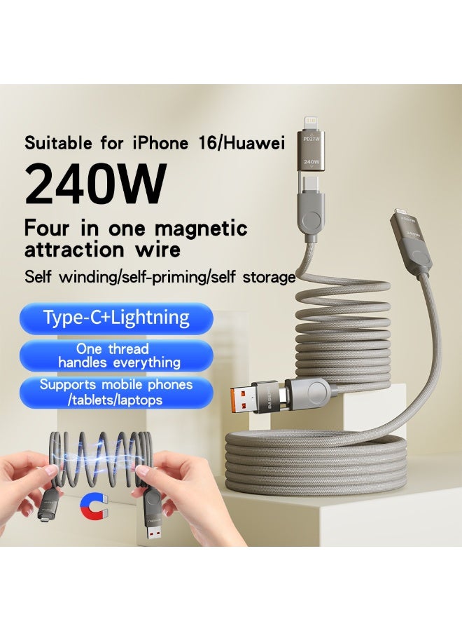 BASEMO 240W Magnetic Retractable Fast Charging Cable, Type-C Braided Data Cable, Universal for Apple iPhone 16, Huawei Phones, Laptops, PD Fast Charging, Car Charging Cable - Image 1