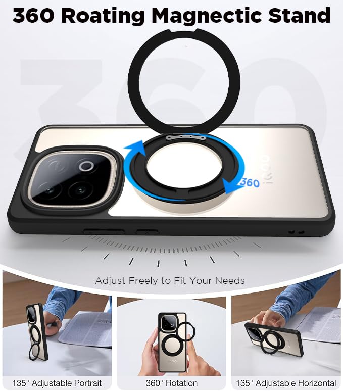 RIGGEAR Shockproof Sleek Hybrid Armor 360° Rotating Magnetic Ring Stand Back Cover Case Compatible with MagSafe Accessories for iQOO Neo 10 5G (Clear PC + Black TPU Bumper) - Image 3