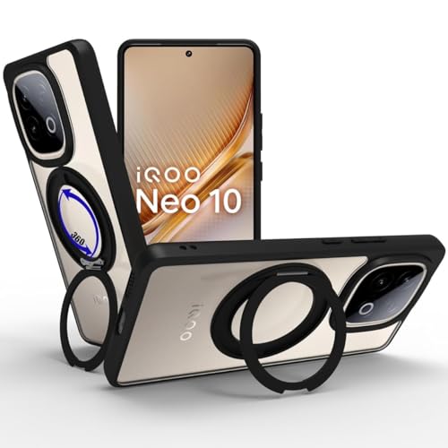 RIGGEAR Shockproof Sleek Hybrid Armor 360° Rotating Magnetic Ring Stand Back Cover Case Compatible with MagSafe Accessories for iQOO Neo 10 5G (Clear PC + Black TPU Bumper) - Image 1