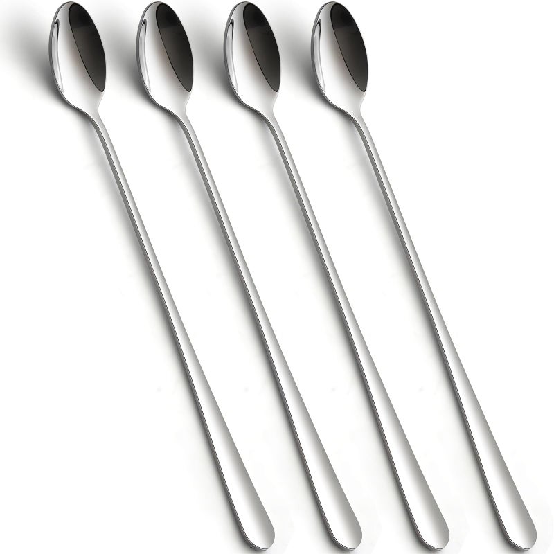 tiokin Latte Spoons Long Handle Coffee Spoons Teaspoons Set of 4 Stainless Steel 9 inches Mixing Ice Cream Stirring Spoon Ideal for Iced Coffee Iced Tea Milk Shake Ice Cream Sundeas Cool Drinking