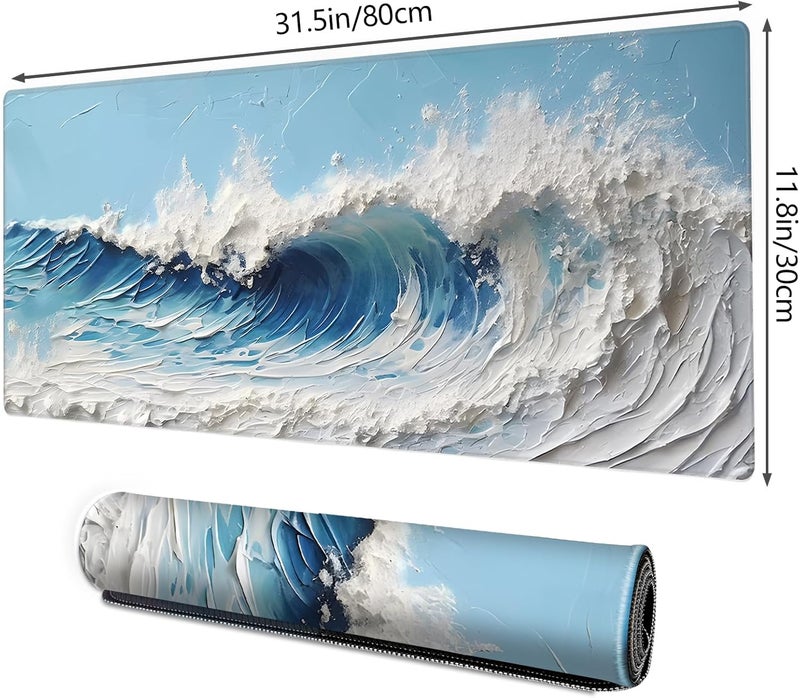 Galdas Gaming Mouse Pad XXL XL Large Long Extended Big Mousepad Non-Slip Rubber Keyboard Desk Pad with Stitched Edges for Laptop Home Office (31.5x11.8x0.08 Inch) … (Painting Waves) - Image 2