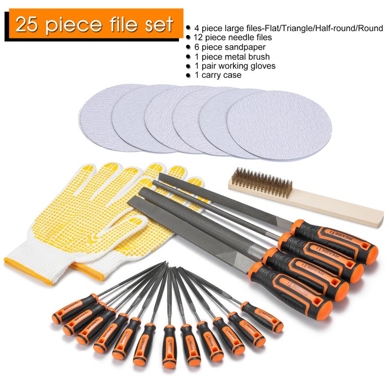 REXBETI REXBETI 25Pcs Metal File Set, Premium Grade T12 Drop Forged Alloy Steel, Flat/Triangle/Half-round/Round Large File and 12pcs Needle Files with Carry Case, 6pcs Sandpaper, a brush,a pair working gloves  - Image 2