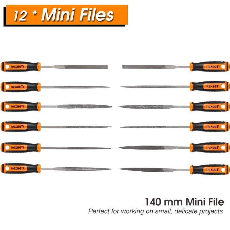 REXBETI REXBETI 25Pcs Metal File Set, Premium Grade T12 Drop Forged Alloy Steel, Flat/Triangle/Half-round/Round Large File and 12pcs Needle Files with Carry Case, 6pcs Sandpaper, a brush,a pair working gloves  - Image 4