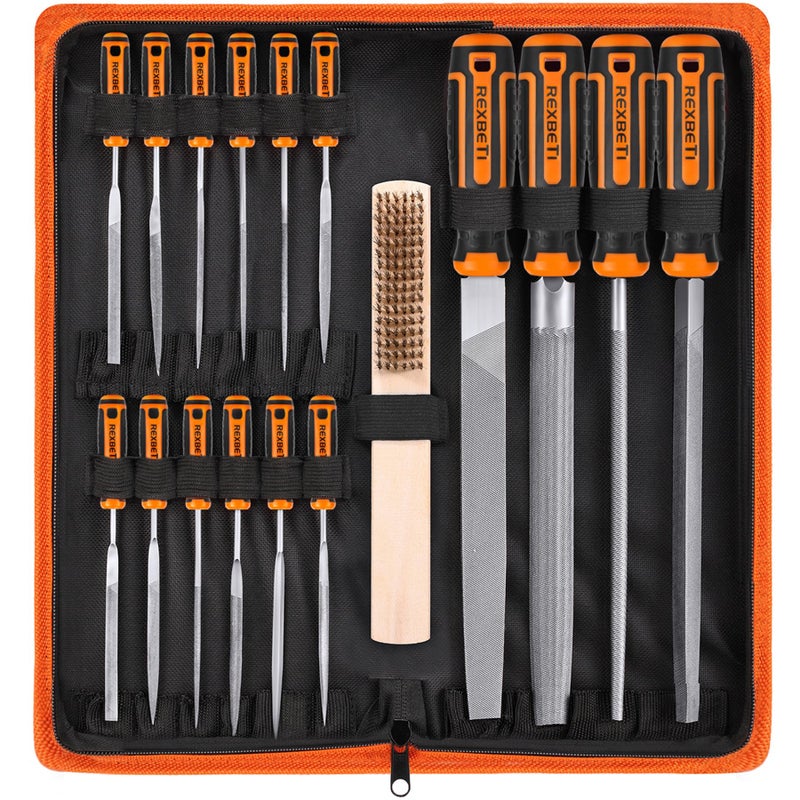 REXBETI REXBETI 25Pcs Metal File Set, Premium Grade T12 Drop Forged Alloy Steel, Flat/Triangle/Half-round/Round Large File and 12pcs Needle Files with Carry Case, 6pcs Sandpaper, a brush,a pair working gloves  - Image 1