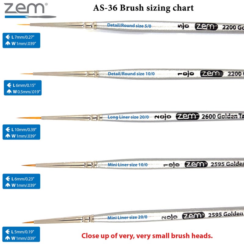 ZEM Brush Golden Taklon Mini Detail Brush Set Liner 20/0, Mini Liners 20/0, 10/0, Details 10/0, 5/0 - Image 5