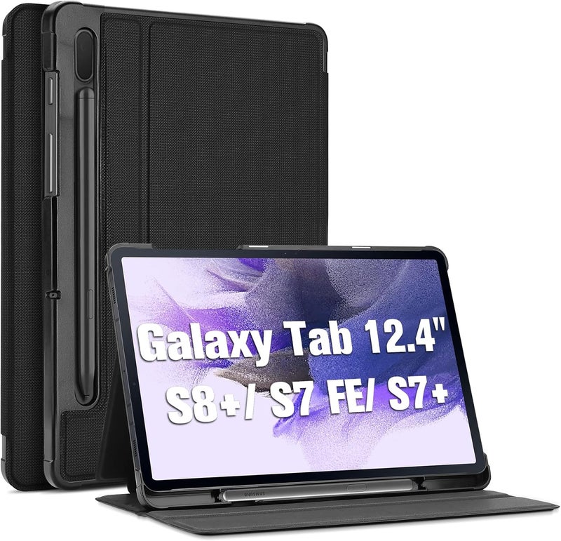 Procases Case For Galaxy Tab S8 Plus/S7 Fe/S7 Plus 12.4" With S Pen Holder, Slim Stand Protective Folio Smart Cover For Samsung Galaxy X800 X806 T730 T733 T736 T738 T970 T975 T976 T978 -Black - Image 1