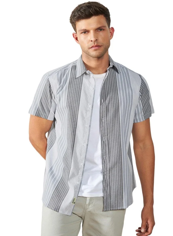 Dennis Lingo Men's Grey Cotton Blend Striped Regular FiT-Shirt