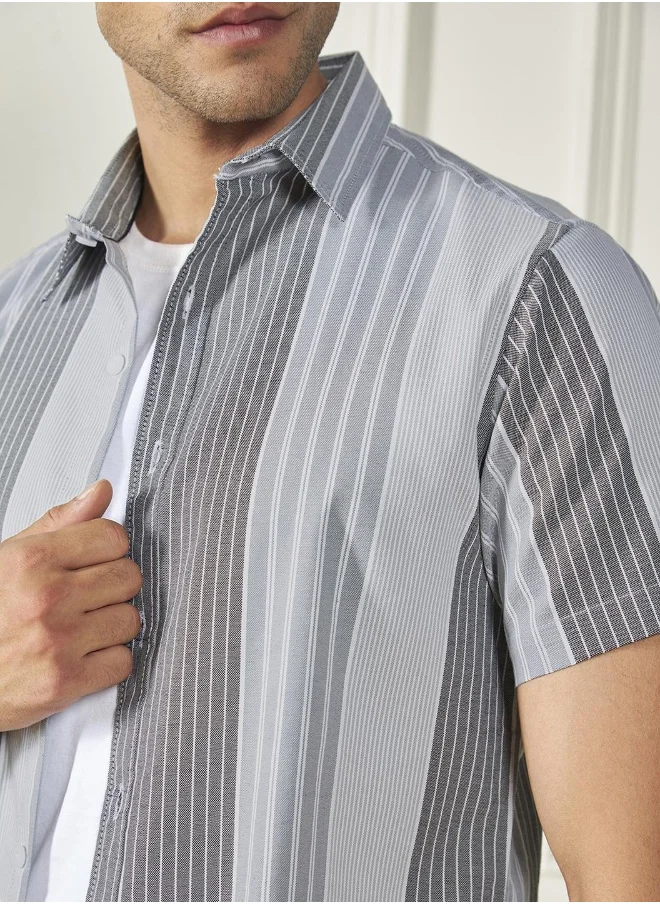 دينيس لينغو Regular Fit Grey Shirt for Men - 40x40 Yd Striped Fabric, Spread Collar, Half Sleeves, Casual Look