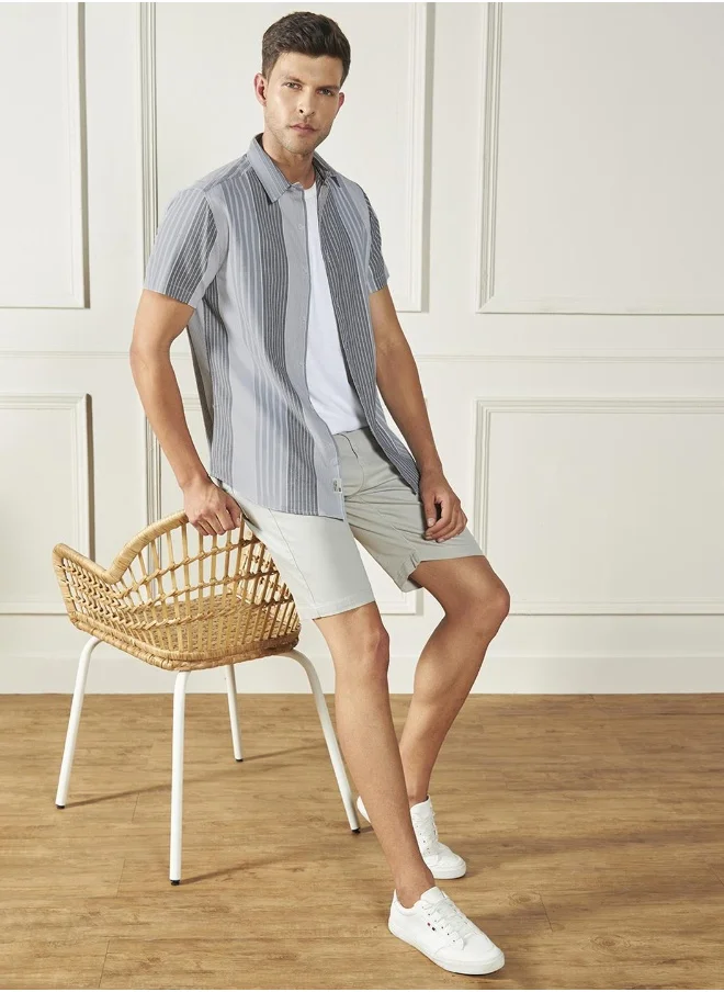 دينيس لينغو Regular Fit Grey Shirt for Men - 40x40 Yd Striped Fabric, Spread Collar, Half Sleeves, Casual Look