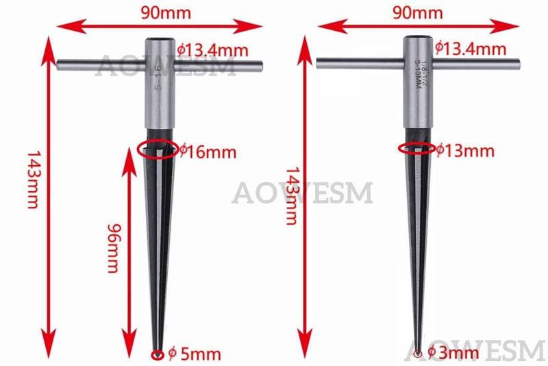 AOWESM Guitar Tapered Reamer Set 3-13mm(1/8''-1/2'') & 5-16mm(½"-5/8") Bridge Pin Hole Hand Held Taper Reamers 6 Fluted Chamfer Reaming Guitar Woodworker Luthier Tool (Set of 2) - Image 3
