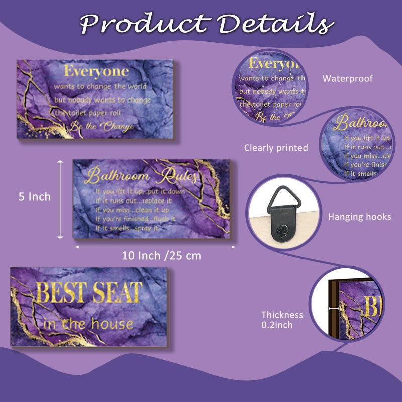 DONFENTHY 3-Piece Purple & Gold Bathroom Decor - Rules Wall Art & Signs - Best Seat in The House - Farmhouse Wooden Sign for Toilet Wall Decor (10x5") - Image 4