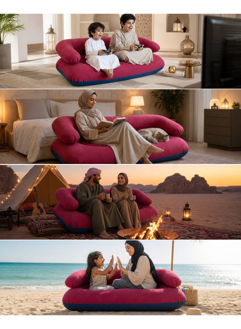Ergonomic 2-Seater Inflatable Couch, Quick Inflate Flocked Double Sofa with Armrests, High-Density Anti-Leak Blow Up Furniture for Living Room & Camping (135x66x45cm), Free foot pump included - Image 3