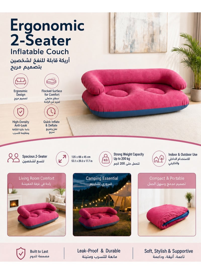 Ergonomic 2-Seater Inflatable Couch, Quick Inflate Flocked Double Sofa with Armrests, High-Density Anti-Leak Blow Up Furniture for Living Room & Camping (135x66x45cm), Free foot pump included - Image 1