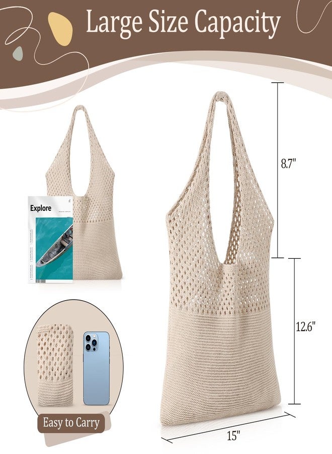 Premillow Crochet Beach Tote Bags, Stylish Mesh Beach Bags Shoulder Bag for Women, Cute Summer Vacation Boho Tote Bag, Beige, 15x7x22.8 inches - Image 3