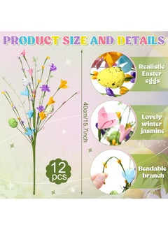 Giegxin Giegxin 12 Pack 15.7 Inch Artificial Easter Flower Easter Decorations Easter Egg Picks Colored Winter Jasmine Decorative Spring Floral Stems Easter Flower Centerpieces for Easter Table Home Decor  - Image 2
