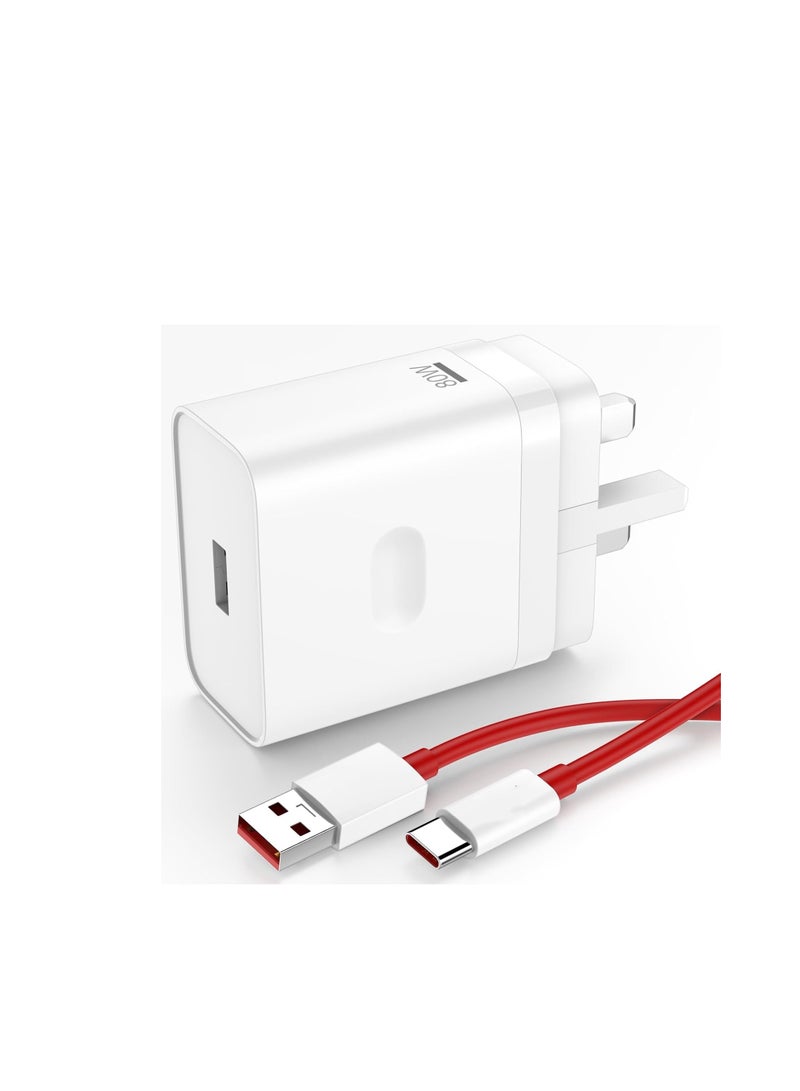 80W Supervooc 【11V/7.3A】 for OnePlus 13 12 12R 11 11Pro 10 10Pro, Warp Charger for 9Pro 9R 9 8T with 3.3ft USB A-to-C Warp Charging Cable - Image 1