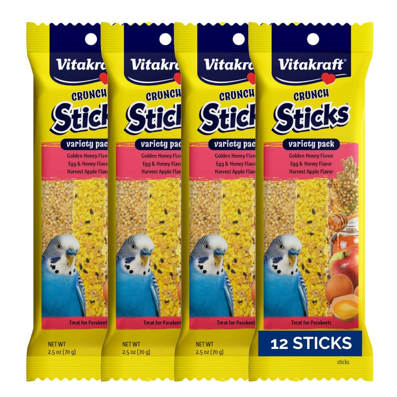 Vitakraft Crunch Sticks Parakeet Treat - Triple-Baked Millet Parakeet Treats with Natural Wood Center - Crunchy & Nutritious Bird Treat Sticks for Small Animals (12 Count, Honey, Egg, and Apple) - Image 1