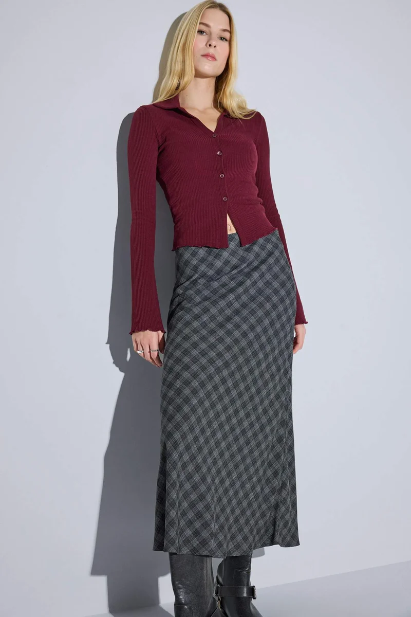 ديفاكتو A Line Plaid Viscose High Waist Midi Skirt