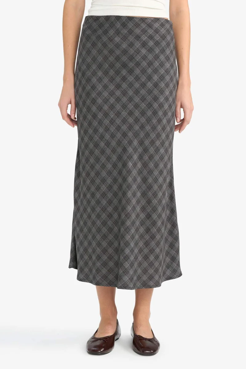 ديفاكتو A Line Plaid Viscose High Waist Midi Skirt