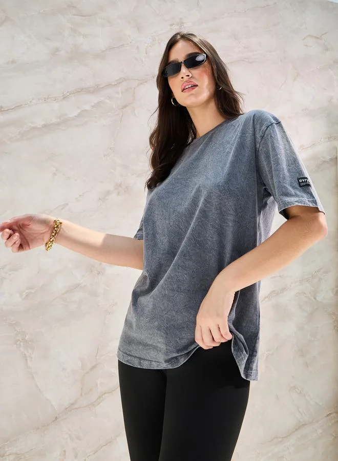 Styli Oversized Acid Wash T-Shirt With Badge Detail