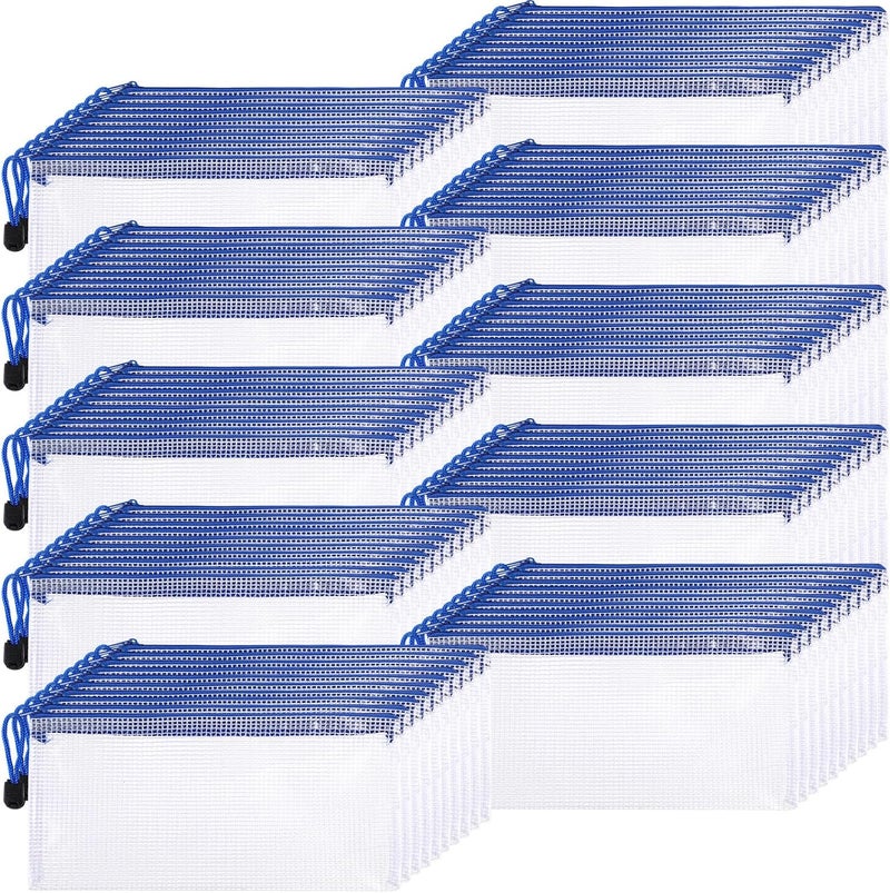 Sherr 120 Pcs Mesh Zipper Pouch Bulk Pencil Pouches 9.45'' x 4.53'' Small Clear Mesh Bags with Zipper A6 Waterproof File Bag Pencil Case for School Office Travel Organization(Blue) - Image 1