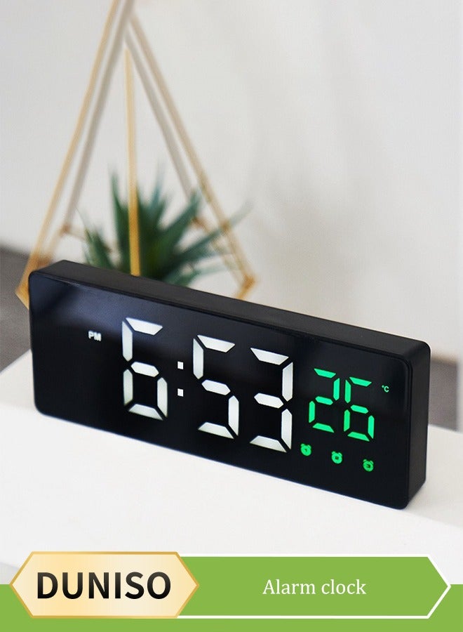 DUNISO ساعة منبه رقمية، ساعة إلكترونية LED بمرآة شاشة كبيرة، ساعة متعددة الوظائف، ساعة منبه ثلاثية التحكم الصوتي، سطوع قابل للتعديل، مع عرض الوقت والتاريخ ودرجة الحرارة، مناسبة للمكاتب المنزلية وغرف النوم، 16 * 6 * 2.5 سم - Image 1