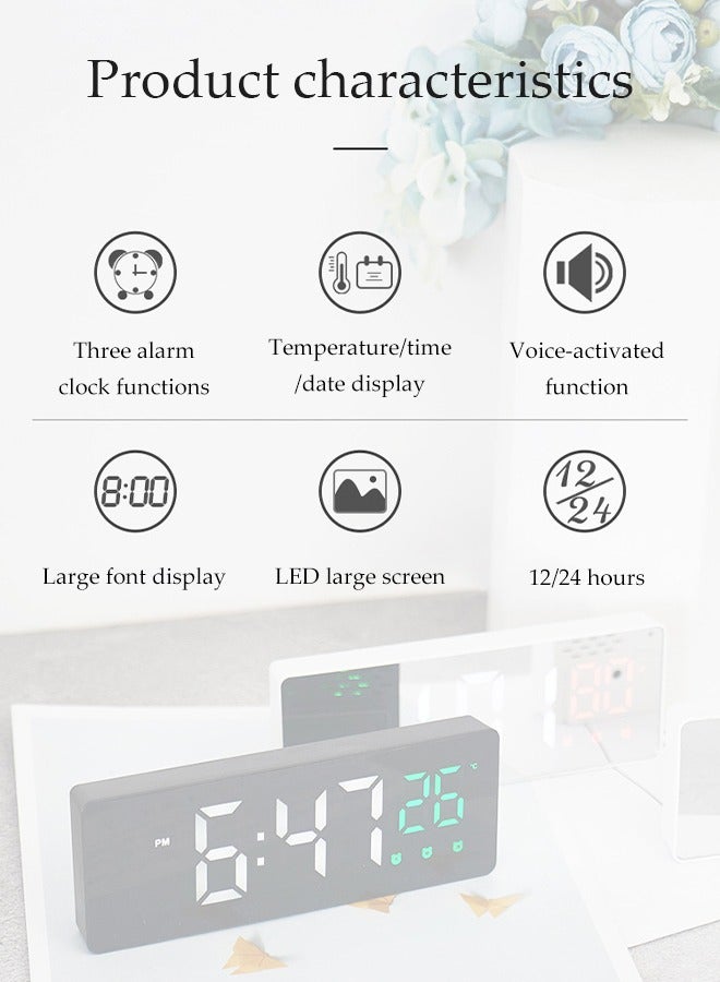 DUNISO ساعة منبه رقمية، ساعة إلكترونية LED بمرآة شاشة كبيرة، ساعة متعددة الوظائف، ساعة منبه ثلاثية التحكم الصوتي، سطوع قابل للتعديل، مع عرض الوقت والتاريخ ودرجة الحرارة، مناسبة للمكاتب المنزلية وغرف النوم، 16 * 6 * 2.5 سم - Image 3