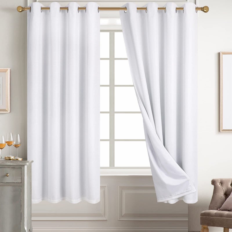Diraysid 100 Blackout Curtains White Linen Curtains for Bedroom Grommet Thermal Insulated Room Darkening Drapes 2 Panels W52 x L54 Inch