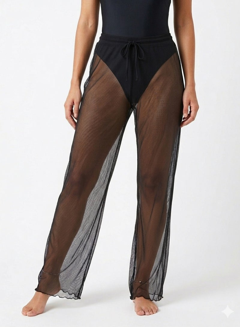 Women black cover up pants mesh lycra see through for beach summer
