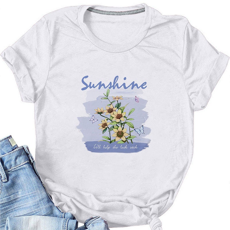 Round Neck Loose Short-sleeved sunshine Flower Butterfly Printed Women's T-shirt Independent Station - Image 1