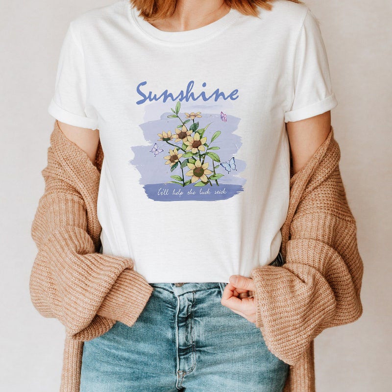 Round Neck Loose Short-sleeved sunshine Flower Butterfly Printed Women's T-shirt Independent Station - Image 2