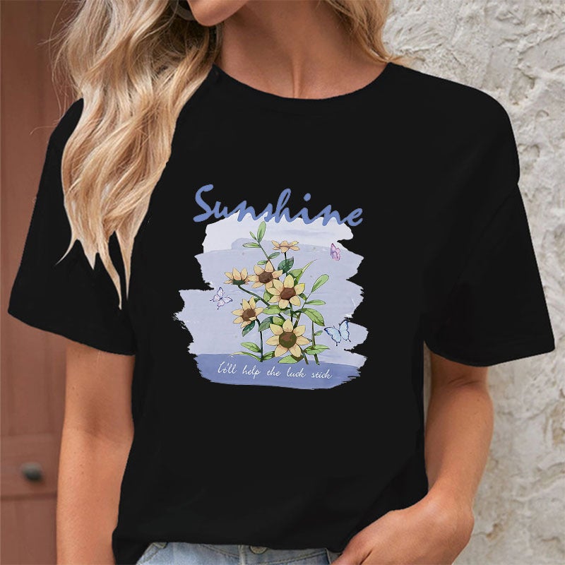 Round Neck Loose Short-sleeved sunshine Flower Butterfly Printed Women's T-shirt Independent Station - Image 3