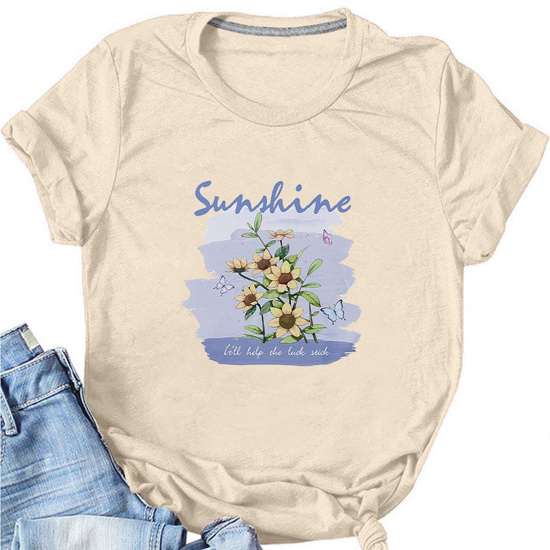 Round Neck Loose Short-sleeved sunshine Flower Butterfly Printed Women's T-shirt Independent Station - Image 4