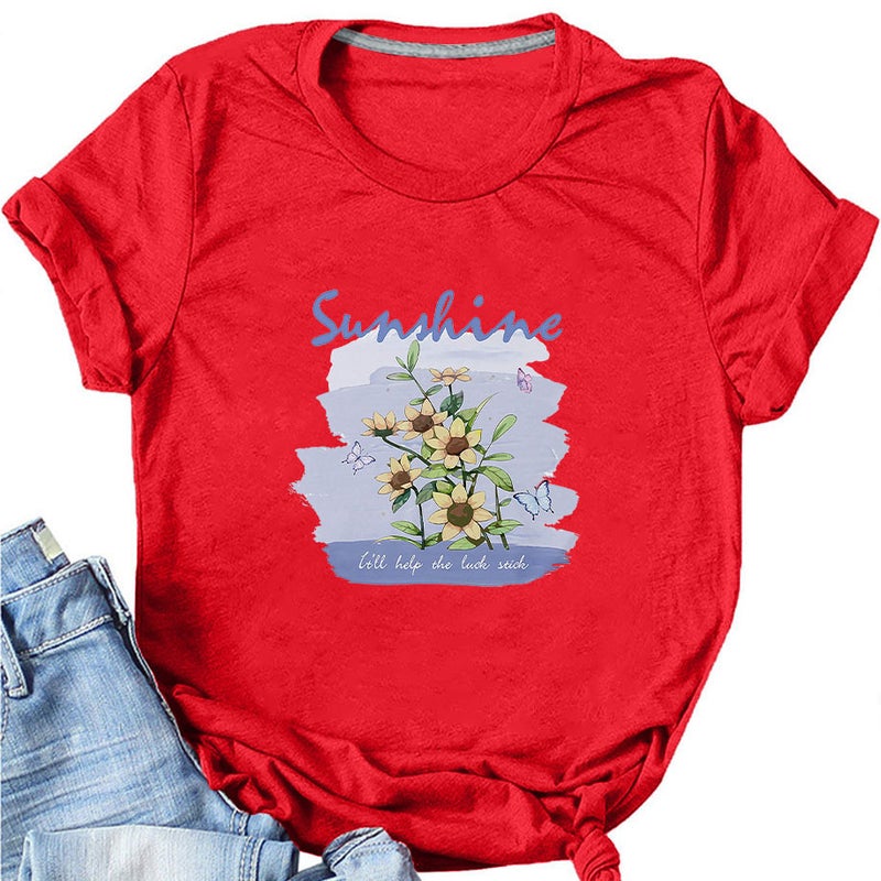 Round Neck Loose Short-sleeved sunshine Flower Butterfly Printed Women's T-shirt Independent Station - Image 5
