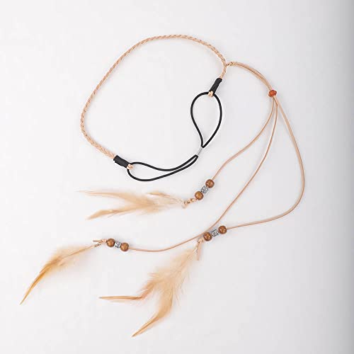 Jumwrit Boho Feather Headband Indian Hippie Gypsy Headpiece Brown Feather Tassel Headdress Hemp Rope Beaded Hairband Hair Accessories for Women and Girls Festival Party Decoration - Image 4