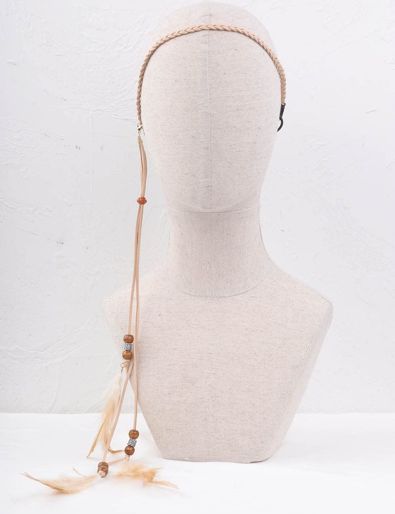 Jumwrit Boho Feather Headband Indian Hippie Gypsy Headpiece Brown Feather Tassel Headdress Hemp Rope Beaded Hairband Hair Accessories for Women and Girls Festival Party Decoration - Image 2