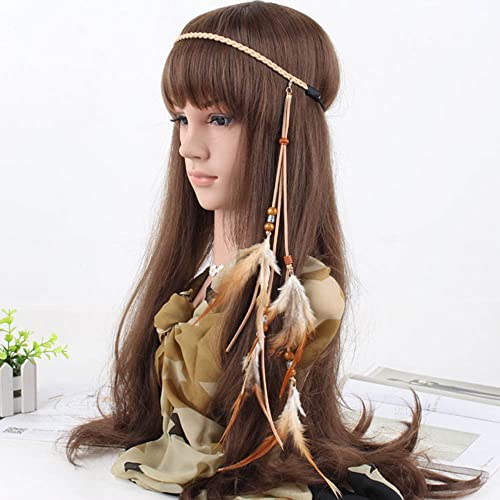 Jumwrit Boho Feather Headband Indian Hippie Gypsy Headpiece Brown Feather Tassel Headdress Hemp Rope Beaded Hairband Hair Accessories for Women and Girls Festival Party Decoration - Image 1