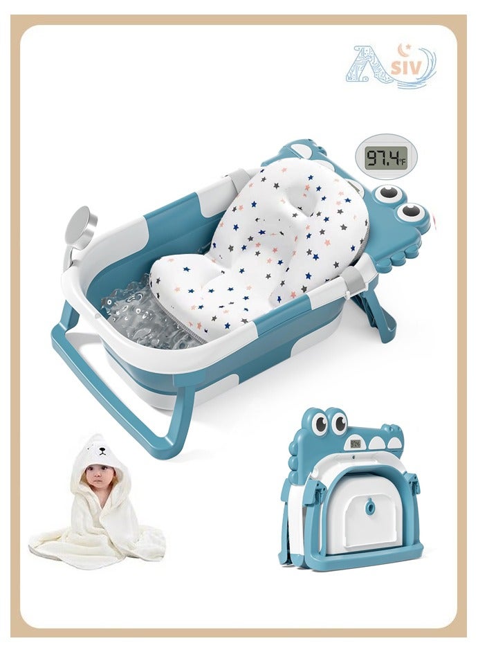 ASIV Foldable Baby Bathtub with Hooded Towel, Thermometer, and Soft Float Pad, Space-Saving Design with Drainage Function, Suitable for Babies Aged 0 - 36 Months. - Image 1
