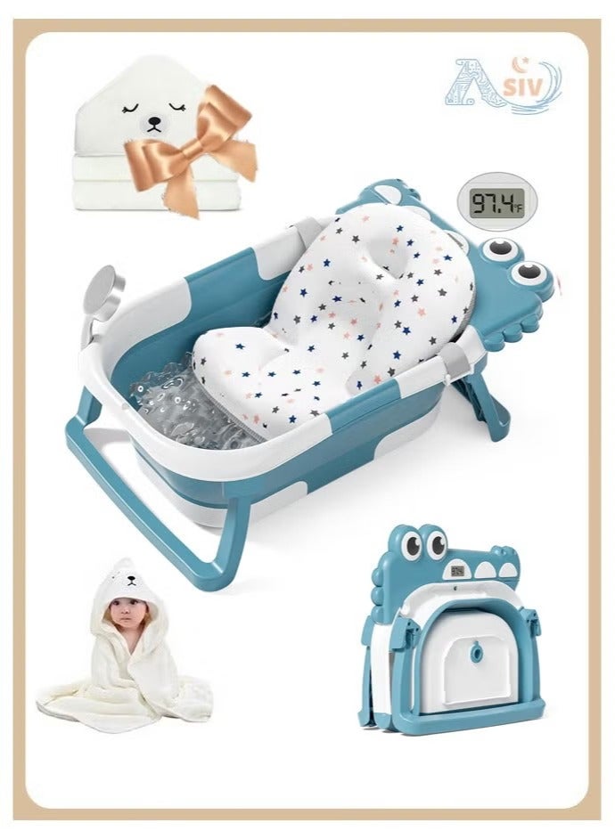 ASIV Foldable Baby Bathtub with Hooded Towel, Thermometer, and Soft Float Pad, Space-Saving Design with Drainage Function, Suitable for Babies Aged 0 - 36 Months.