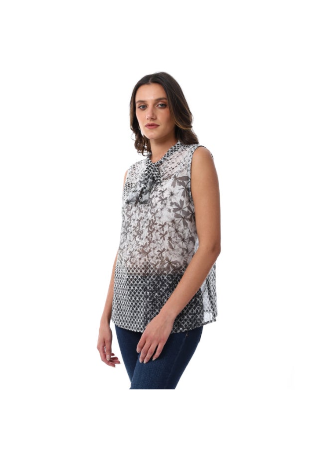 Esla - Floral Self Pattern Shades of Grey Sleeveless Mandarin Lace Up Neck Blouse - Image 1
