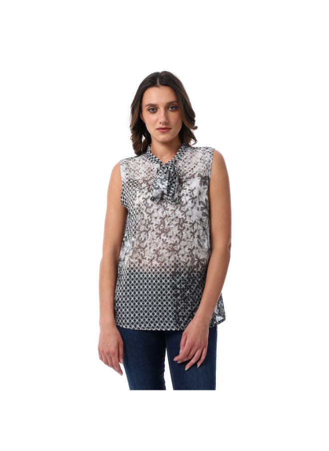 Esla - Floral Self Pattern Shades of Grey Sleeveless Mandarin Lace Up Neck Blouse - Image 1
