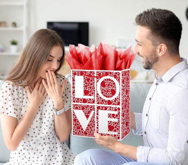 Linelglobal Valentine Gift Bag with Red Hearts with Tissues and Card, Love Gift Bag with Envelope Suitable for Valentine's Day, Weddings, and Wedding Anniversaries - Image 4