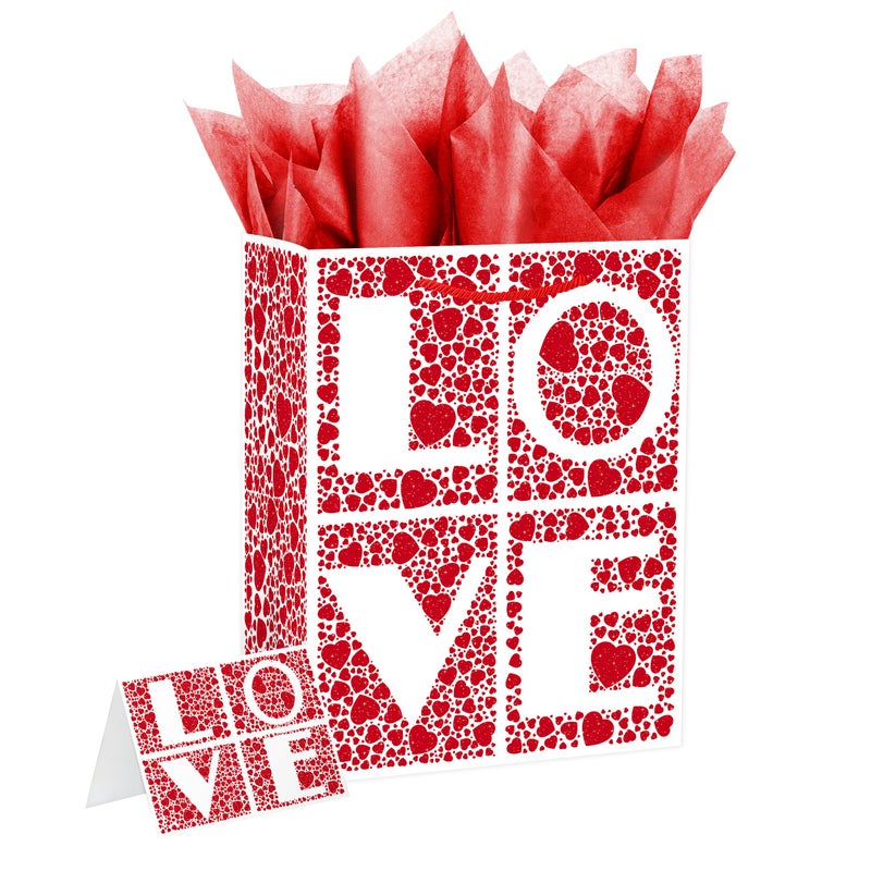 Linelglobal Valentine Gift Bag with Red Hearts with Tissues and Card, Love Gift Bag with Envelope Suitable for Valentine's Day, Weddings, and Wedding Anniversaries - Image 1