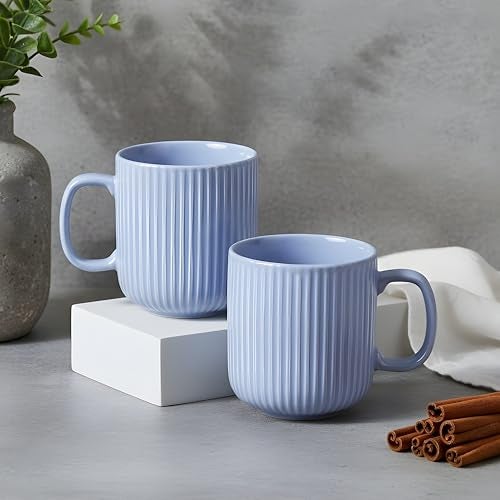 CRAF10 Linear Luxe Ceramic Coffee/Milk Mugs, 340 ML, Dishwasher & Microwave Safe, SkyBlue, Set of 2 - Image 1