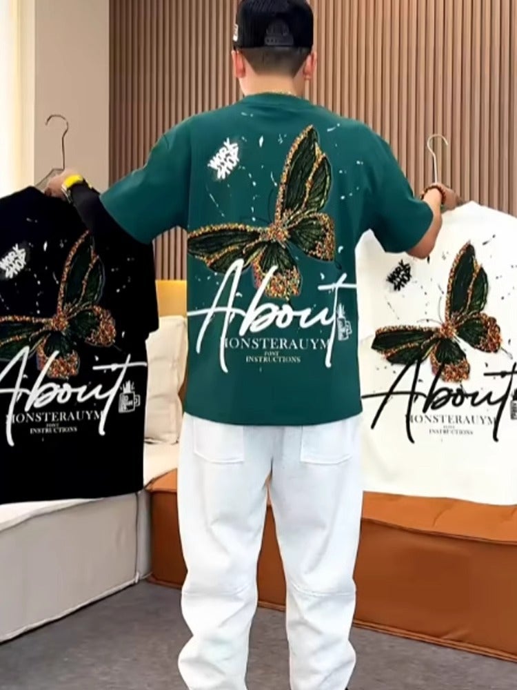 2024 Trendy Loose T-Shirt Summer Boys National Trendy Retro Casual Couple Heavy Short-Sleeved Men'S Top Trendy - Image 2