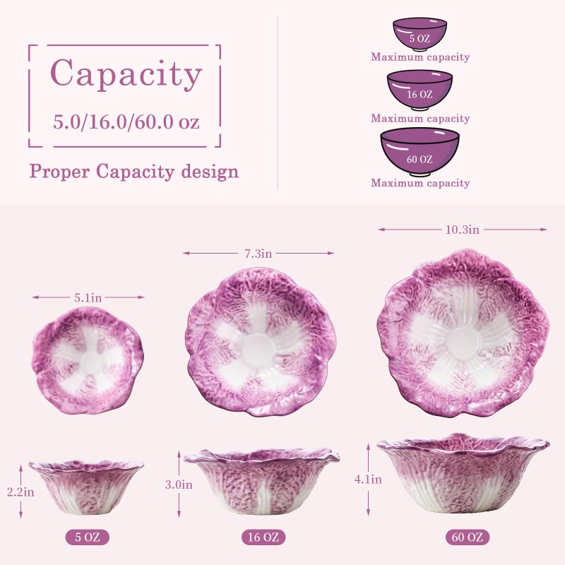 KXZ Ceramic Mixing Bowls Set, Nesting Bowls Set of 3 For Kitchen - 60oz, 16oz, 5oz Prep Serving Bowl Set for Entertaining, Baking and Mixing Salad, purple - Image 3
