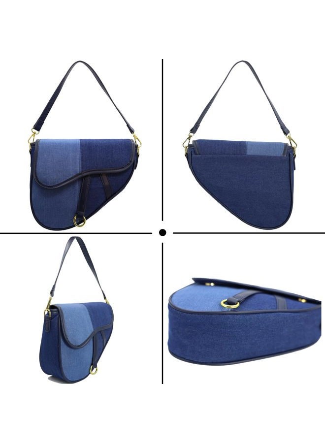 ERWUBA Fashion Canvas Trendy Saddle Shoulder Bag for Women Clutch Purse Underarm Satchel HandBag Crossbody Bag (Dark denim color) - Image 3