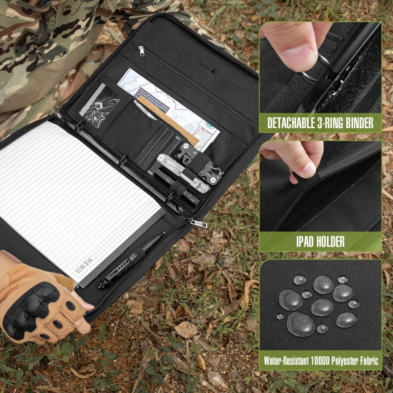 ‎KOSIBATE Kosibate Tactical Padfolio Portfolio Binder with Zipper and 25 Sheets of Letter Size Paper,Notebook Cover,Tactical Notebook with Zippered for Folders,Detachable 3-Ring Binder(A4,Black,13.5X 11.5Inch) - Image 5