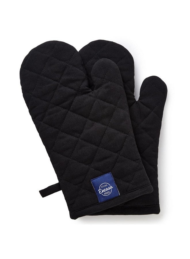 Encasa XO Heat Resistant Cotton Oven Gloves Mitts (2 Pc Set) - Quilted & Safe 17x29 cm - for Kitchen, Cooking & Baking, Grilling, Handling Hot Pots & Pans - Full Black - Image 2