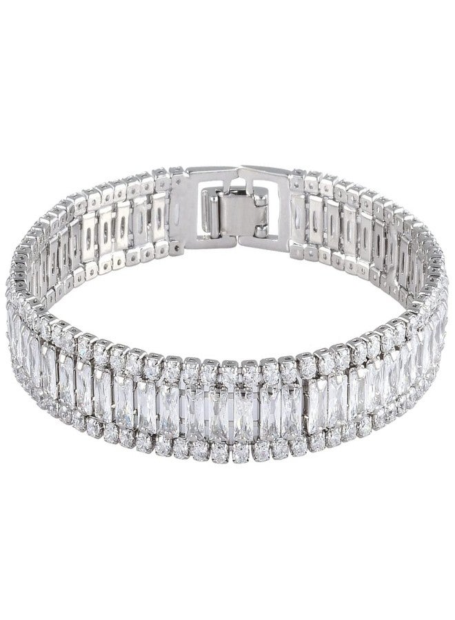 RIZILIA ICONIC Triple Rows 2mm x 4mm White Cubic Zirconia 18K White Gold Plated Wide Tennis Bracelet, 7" - Image 2